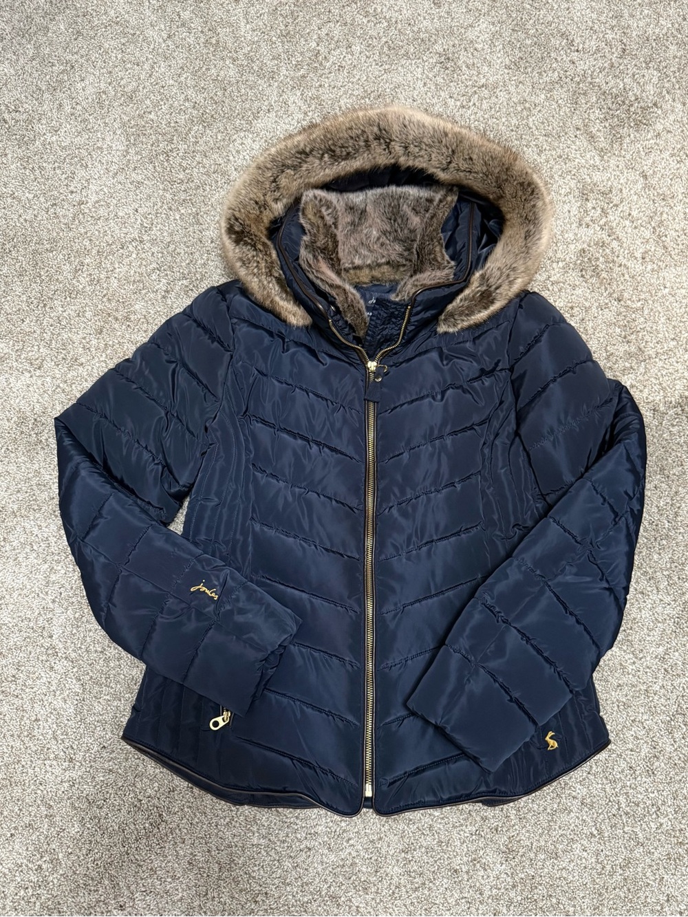 Joules Navy Quilted Puffer Jacket with Faux-Fur Trim